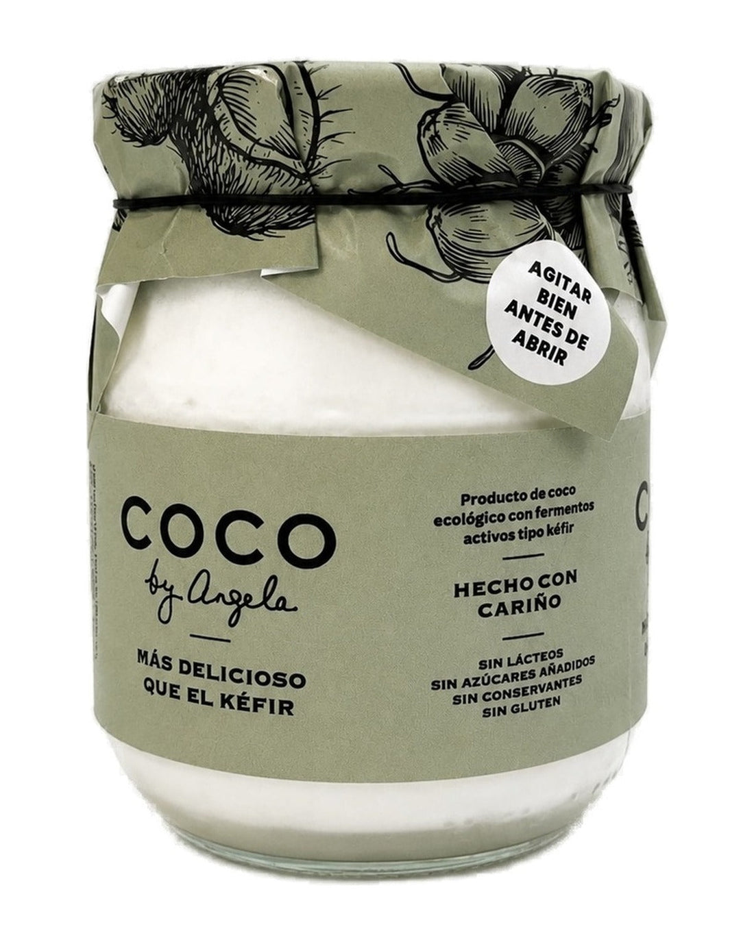 Tarro de cristal de 500 g de coco con fermentos activos tipo kéfir COCO by Angela, con etiqueta verde y papel estampado de cocos