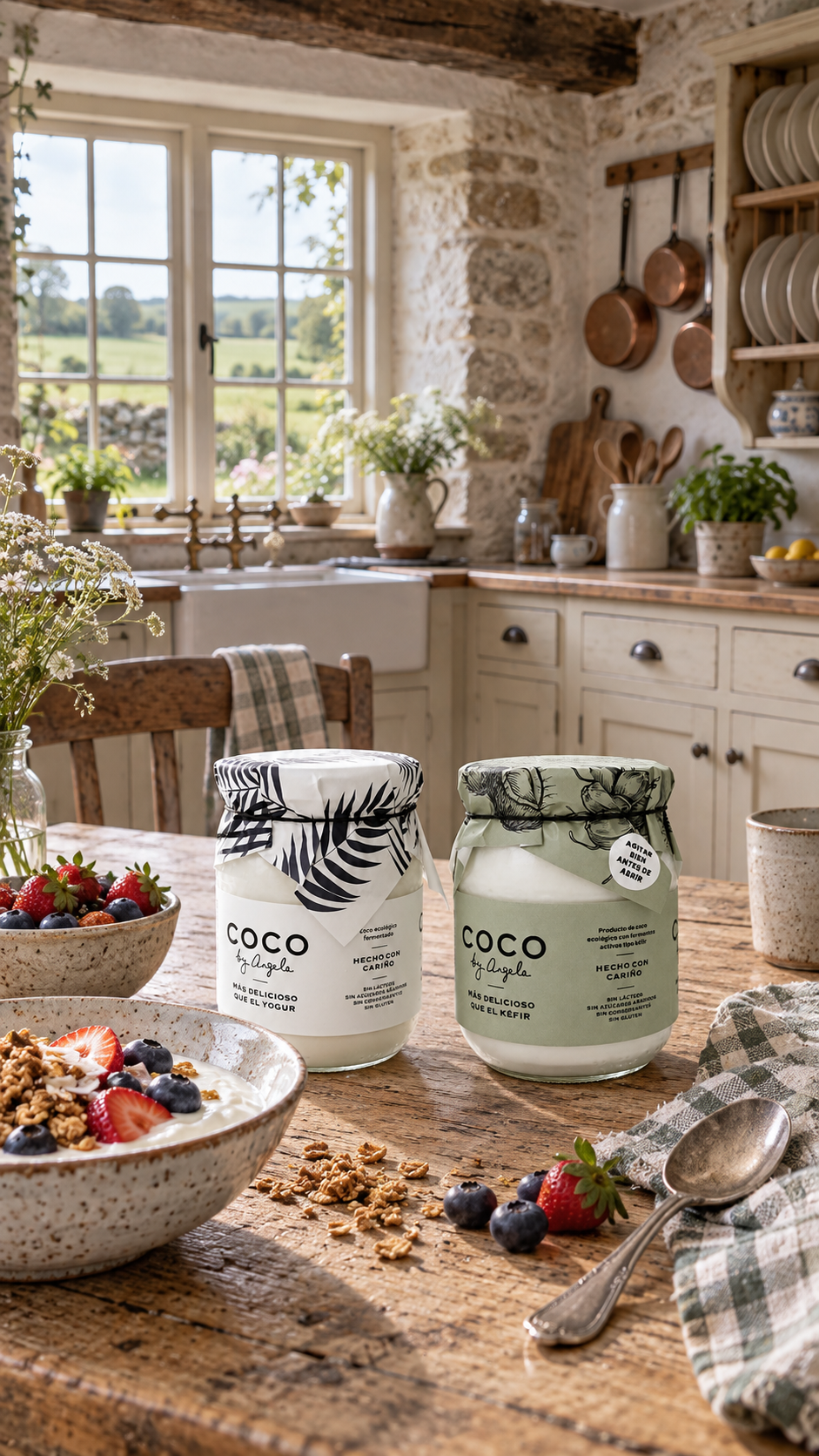 Dos tarros de coco fermentado COCO by Angela sobre una mesa de madera, junto a un bol de granola con fresas y arándanos en una cocina luminosa