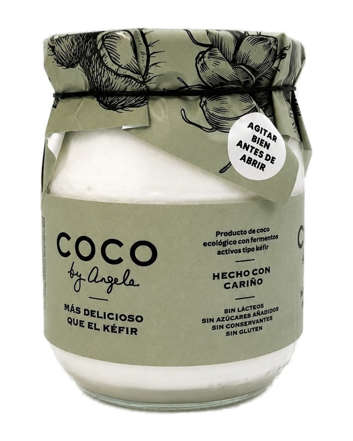 Tarro de cristal de 500 g de coco con fermentos activos tipo kéfir COCO by Angela, con etiqueta verde y papel estampado de cocos