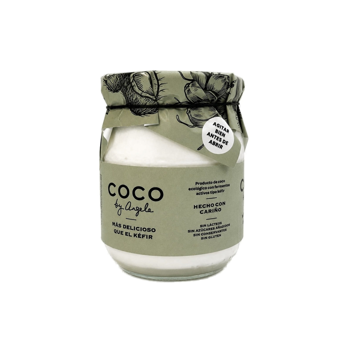 Tarro de cristal de 500 g de coco con fermentos activos tipo kéfir COCO by Angela, con etiqueta verde y papel estampado de cocos