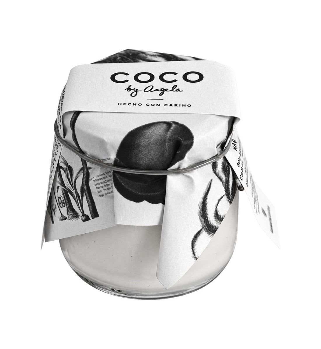 Bote de 125 g de coco fermentado natural COCO by Angela envuelto en papel ilustrado, sobre fondo blanco