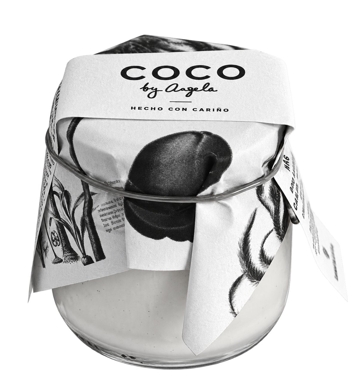 Bote de 125 g de coco fermentado natural COCO by Angela envuelto en papel ilustrado