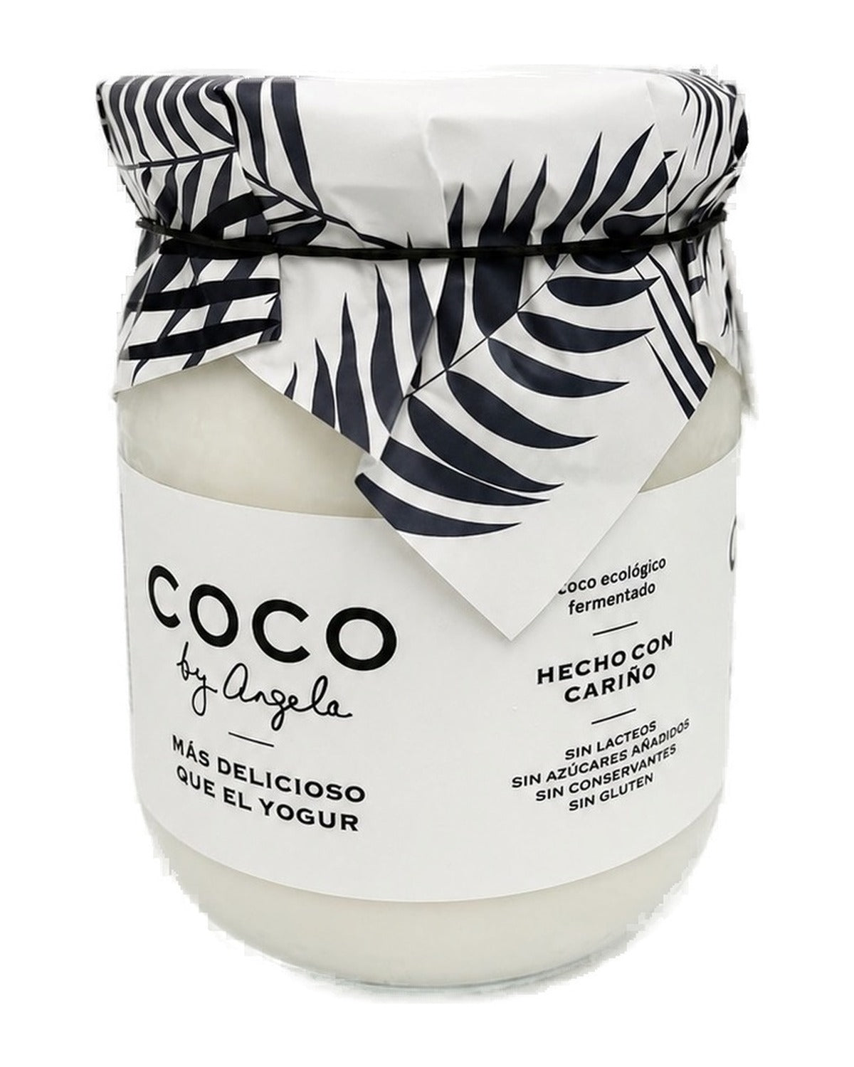 Tarro de cristal de 500 g de coco fermentado natural COCO by Angela, con tapa cubierta de papel estampado de hojas de palmera