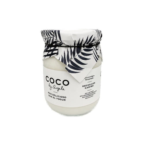Tarro de cristal de 500 g de coco fermentado natural COCO by Angela, con tapa cubierta de papel estampado de hojas de palmera